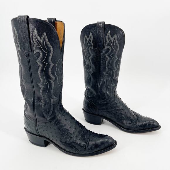 Lucchese Black Ostrich Leather Pointed Toe Western Stitched Cowgirl Boot size 7C - Picture 1 of 11